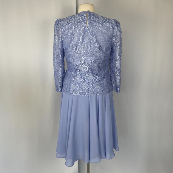 Vintage Cocktail Dress Size 14 Light Blue Lace Bow Puff Sleeve Formal Party Midi - Picture 9 of 16